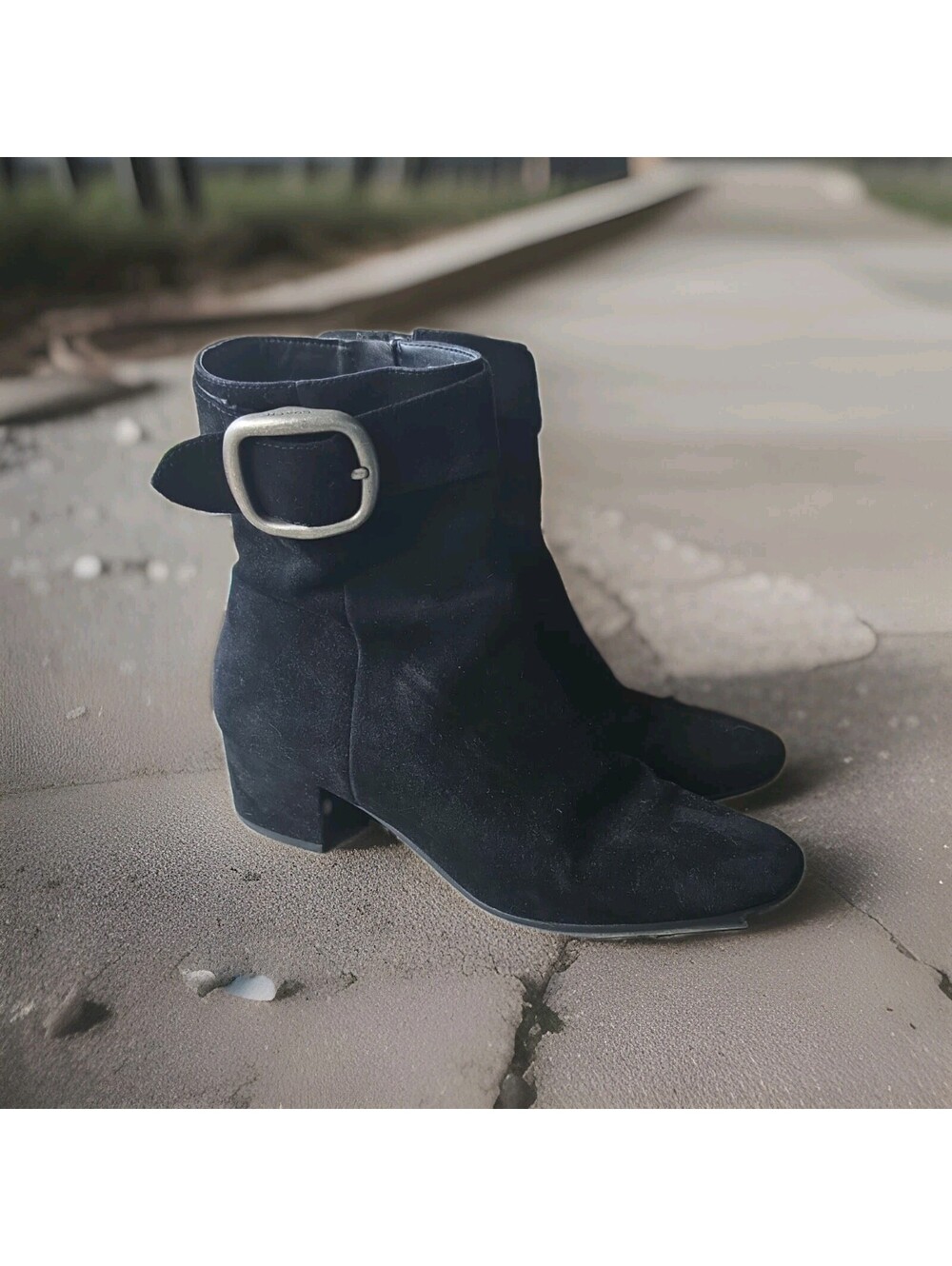 Coach Black Suede Ankle Boots with Side Zipper N Buckle Accent 9.5